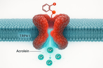 Molecular illustration showing acrolein activating the TRPA1 ion channel, leading to calcium ion influx.