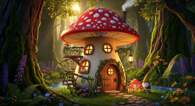 Enchanting Mushroom House in a Magical Forest Setting.