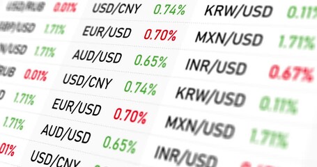 Currency exchange rates scrolling list, FX rate tickers of foreign currencies, exchange market data table, footage - Powered by Adobe