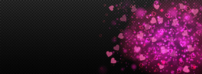 Abstract horizontal glowing hearts effect, lens flare, sparkle and pink red confetti lights on transparent background. Stock vector illustration in love theme style.