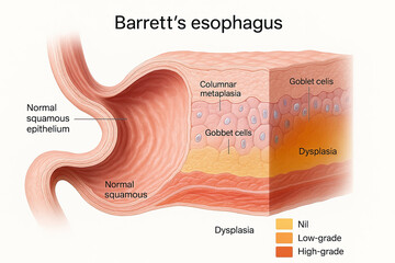 Diagram illustrating Barrett's esophagus, showing normal squamous epithelium transitioning to columnar metaplasia with goblet cells and varying degrees of dysplasia.