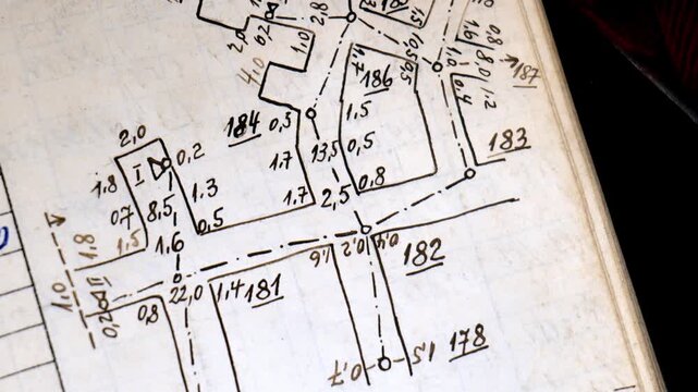 Macro closeup of technical blueprint or mining plans on paper with numerals, gridlines, dimensions and annotations, engineering diagram on tabletop workspace, no people, detailed texture
