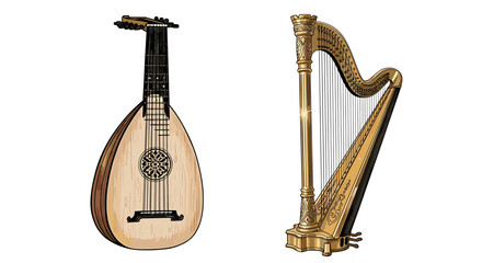 Artistic Rendering of a Lute and Golden Harp Illustration