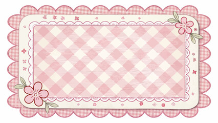 Pink gingham patterned frame with scalloped edges and floral accents for decorative use or design element