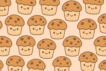 Seamless pattern of cute kawaii chocolate chip muffins with happy faces