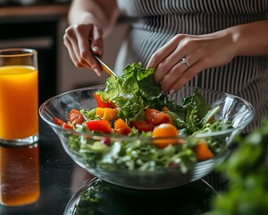 Woman Making Fresh Green Salad with Tomatoes