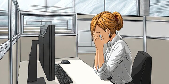 anime female business executive crying in corporate office cubicle