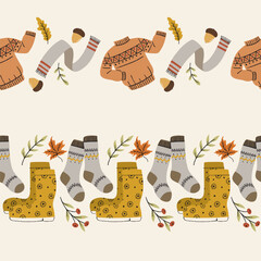 Autumn Apparel and Accessories Vector Seamless Horizontal Borders Set