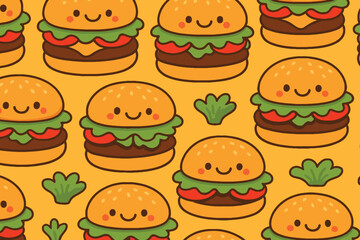 Seamless pattern of cute cartoon hamburgers with smiling faces on a yellow background