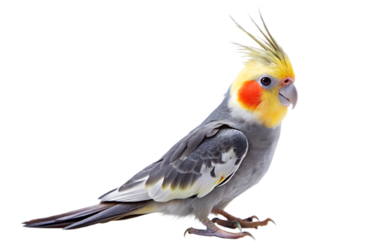 Vibrant cockatiel bird with yellow crest and orange cheeks isolated on transparent background