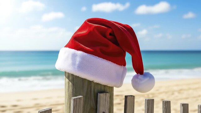 A vibrant red holiday hat, complete with a fluffy white trim and a playful pompom, rests casually on a weathered wooden fence post. The scene unfolds on a sun-drenched sandy beach, with the serene tur