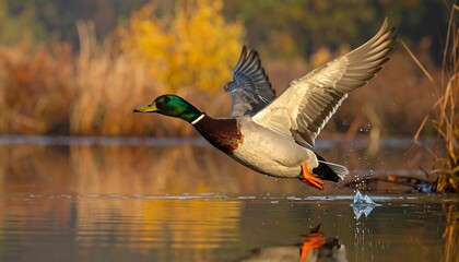 Obraz premium Mallard Duck in Flight Taking Off from Water Surface in Natural Setting