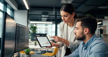 Business professionals analyzing data on a tablet in a modern office - Powered by Adobe