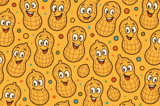 Seamless pattern of happy cartoon peanuts with smiling faces and colorful dots on a warm orange background