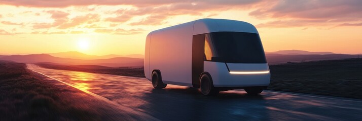 Sunset view of a futuristic delivery van on a winding road in a scenic landscape showing vibrant colors in the sky