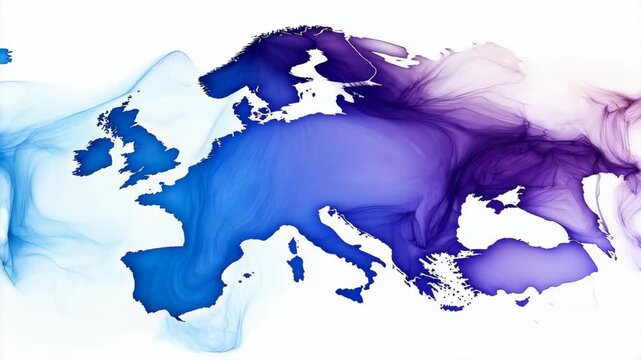 Abstract Europe map with flowing blue and purple smoke effect on white background
