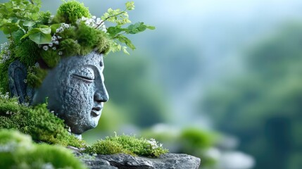 A serene Buddha statue adorned with lush green moss and plants, symbolizing peace and tranquility in a natural setting, surrounded by soft, blurred greenery in the background.