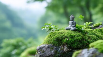 A serene Buddha statue sits peacefully amidst lush greenery and soft moss, symbolizing tranquility, mindfulness, and the beauty of nature's embrace in a harmonious environment.