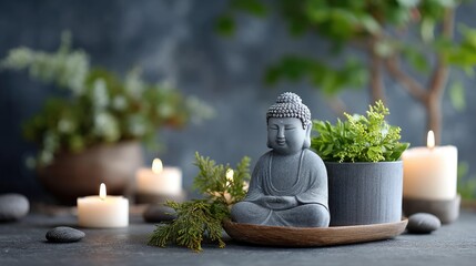 Serene Buddha statue surrounded by greenery and candles, evoking tranquility and peace in a calming environment suitable for meditation and relaxation.
