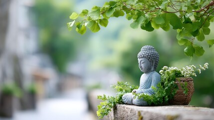 A serene Buddha statue nestled among lush greenery, symbolizing peace and tranquility in a tranquil outdoor setting, embodying inner stillness and mindfulness in nature.