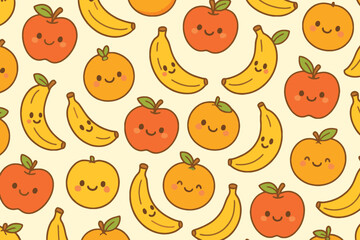 Fototapeta premium Seamless pattern of cute kawaii smiling apples and bananas on a light background