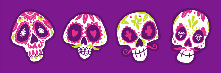 Printable sugar skull sticker set Dia de los Muertos Day of the Dead Mexican holiday symbols with colorful floral and heart decoration on purple background traditional design digital stickers