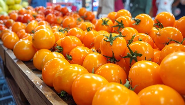Fresh yellow tomatoes display in a farmers market stall, close-up - Powered by Adobe