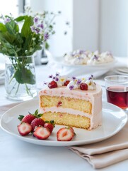 Strawberry and raspberry layer cake slice, Dessert plate with fresh berries, Brunch table setting, Glass of tea beside cake, Floral vase decor, Bright home interior, Copy space