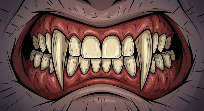 Close up of a monstrous mouth with sharp fangs and teeth.
