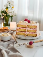 Raspberry vanilla layer cake on stand, Slice with cream filling, Cozy breakfast tabletop, Candlelit home ambiance, Soft window light, Minimal background, Copy space for text