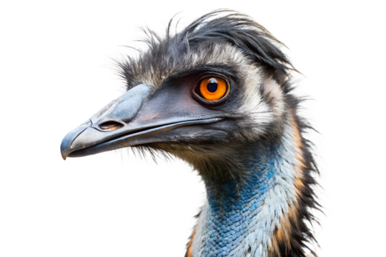 Closeup portrait of an emu with piercing orange eyes isolated on transparent background