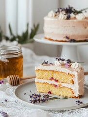 Slice of vanilla berry layer cake, Cream frosting with flower petals, Honey jar in foreground, Soft kitchen background with whole cake, Minimal styling, Copy space for text, Cozy dessert scene