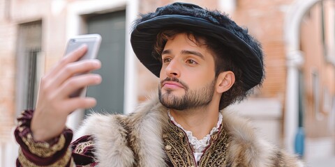 modern men in shakespearean clothing streaming on smartphone as influencer in venice 