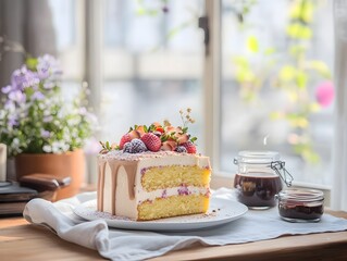 Cake slice with drip frosting, Apricot fruit topping and flowers, Vanilla sponge layers on plate, Jam jars and window light, Cozy home baking scene, Minimal background, Copy space