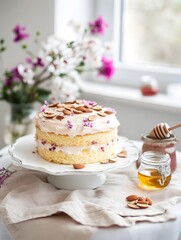 Naked layer cake with almond topping, Cream layers with berry filling, Honey jar and dipper props, Bright window light kitchen scene, Minimal background, Copy space for text, Cozy dessert mood