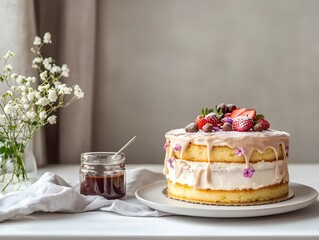 Drip frosted berry layer cake, Strawberries on top with cream, Rustic cake on plate, Jam jar side prop, Neutral background wall, Minimal styling, Copy space for branding, Dessert still life