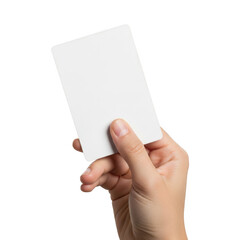 Hand holding a blank white card isolated on transparent background