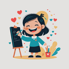 Happy girl drawing hearts on chalkboard in colorful classroom setting  