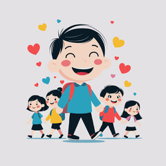 Happy teacher walking with smiling children and colorful hearts  