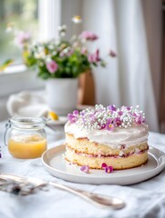 Naked layer cake with tiny flowers, Cream frosting and berry bits, Cake on white stand, Orange juice glass prop, Bright window light, Minimal background, Copy space, Cozy dessert styling