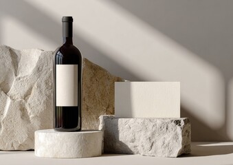 A bottle of red wine on stone pedestals, minimalist aesthetic