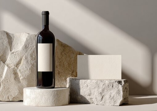 A bottle of red wine on stone pedestals, minimalist aesthetic