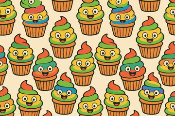 Seamless pattern of cute cartoon cupcakes with happy faces and colorful frosting