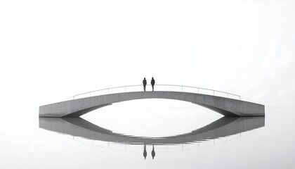 Minimalist bridge with two people in monochrome landscape reflecting in water