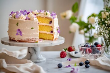Slice of floral naked cake on stand, Vanilla sponge layers with cream, Purple petal topping, Berries side bowl, Soft natural light, Minimal background, Copy space for branding