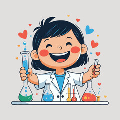 Happy girl in lab coat experimenting with colorful beakers and flasks  