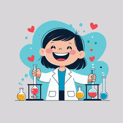 Cheerful young girl in lab coat conducting experiments with beakers  