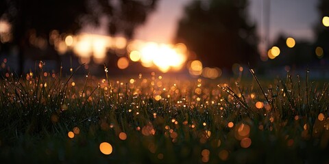 Dew-kissed grass at sunrise. Soft focus on blades of grass covered in morning dew, with warm golden light filtering through