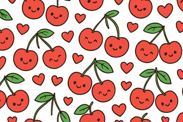 Cute kawaii cherry pattern with hearts for food and summer designs