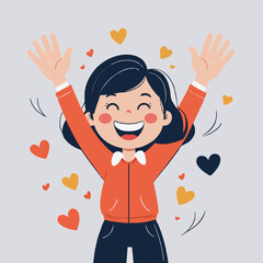Happy girl celebrating with raised hands surrounded by hearts  